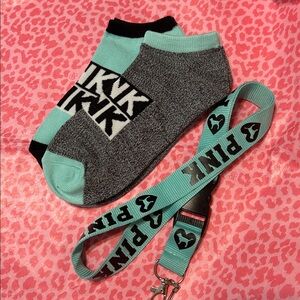PINK Victoria's Secret Black and Mint Athletic Socks & Lanyard